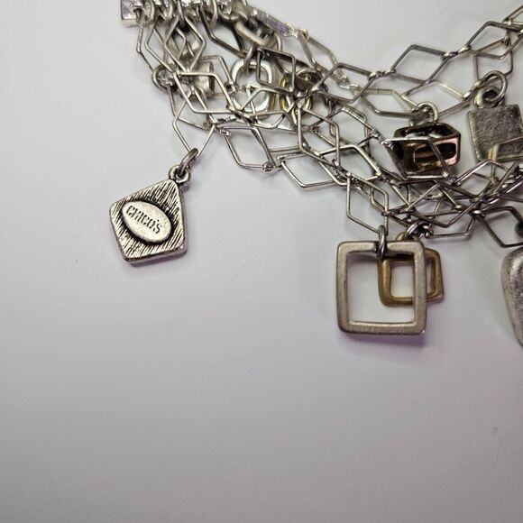 Vintage Chico's Multi-Strand Rhinestone Charm Chunky Silver Tone Necklace - Picture 6 of 9
